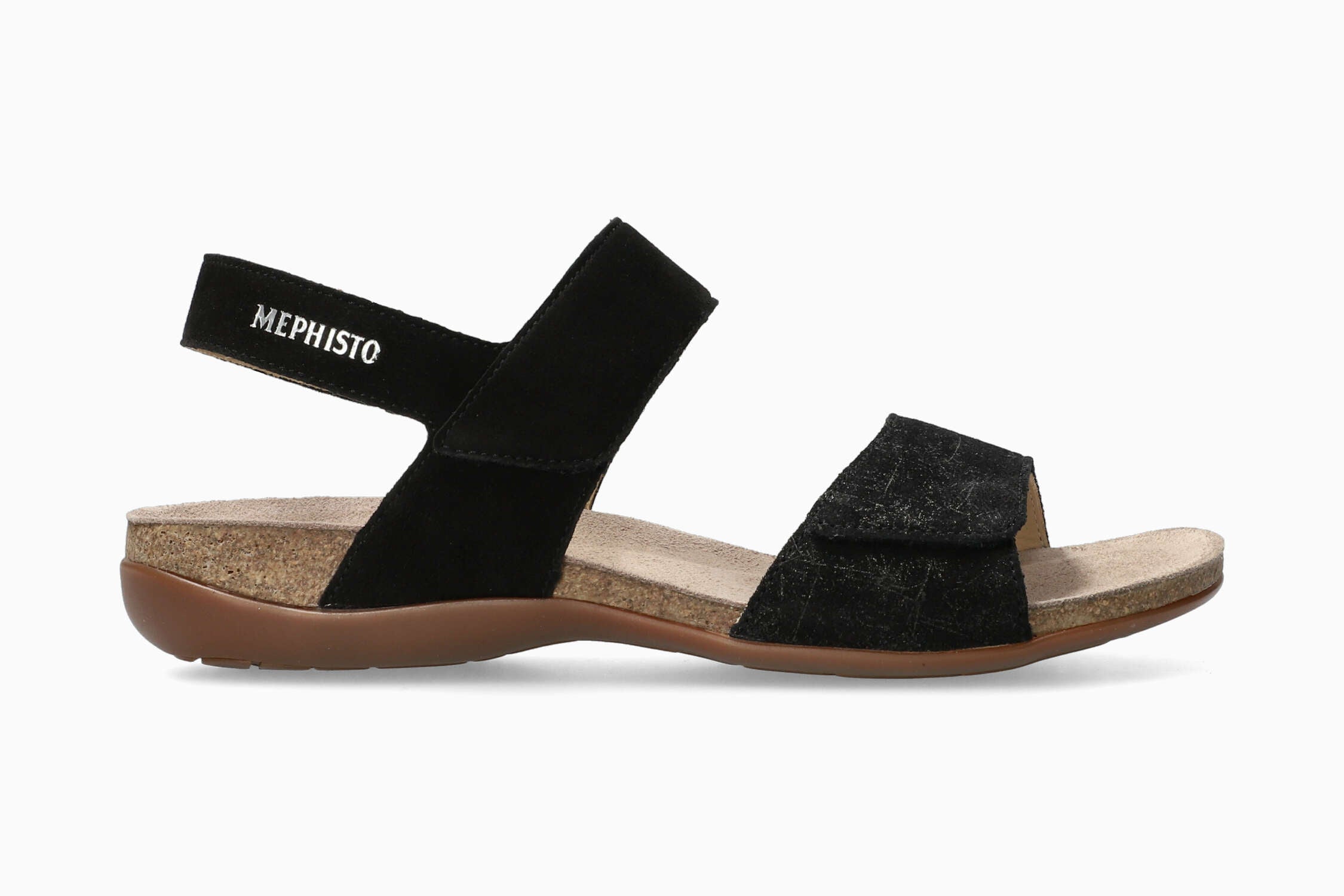 MEPHISTO AGAVE | Damen Korkfußbettsandalen Schwarz Leder Veloursleder