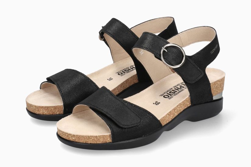 MEPHISTO ORIANA | Damen Korkfußbettsandalen Schwarz Leder Metallischer Phantasiedruck