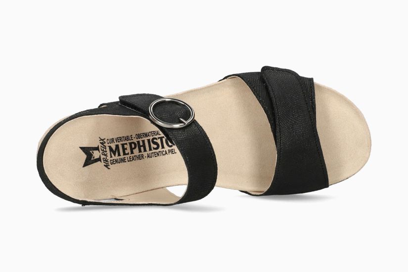 MEPHISTO ORIANA | Damen Korkfußbettsandalen Schwarz Leder Metallischer Phantasiedruck
